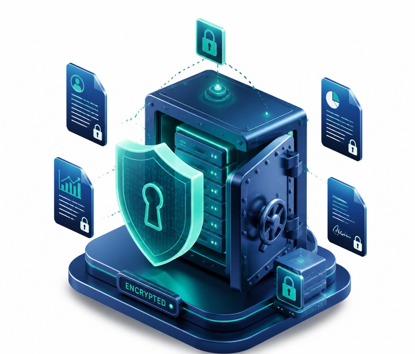 A digital vault protected by encryption, with secure documents floating around it